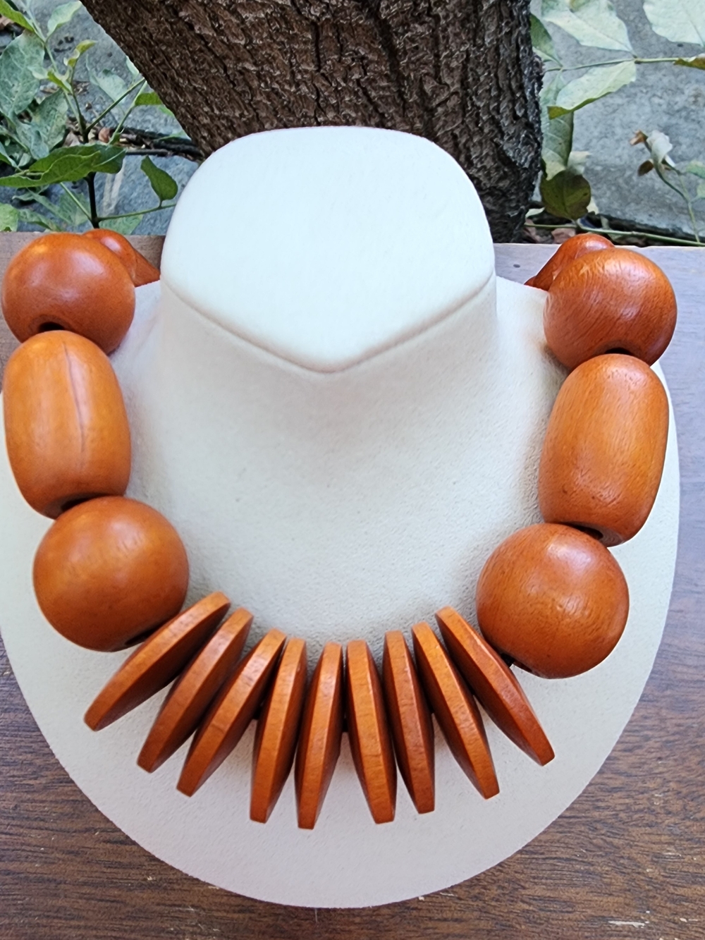 Vintage Chunky Wood Bead Statement Necklace Natural Disc Bib Boho